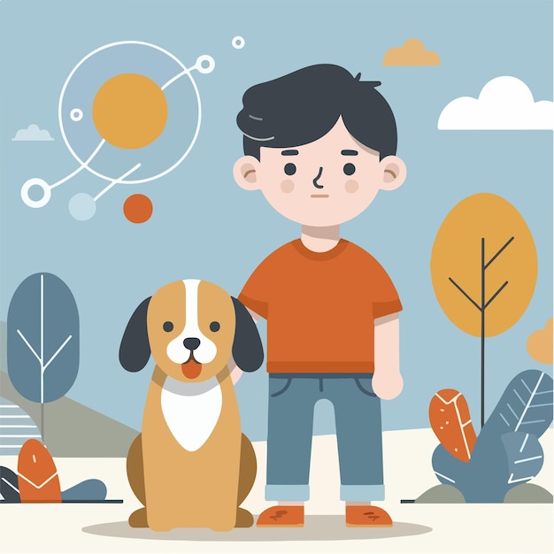 Vector vector de un niño y un perro con un estilo de diseño plano simple y minimalista