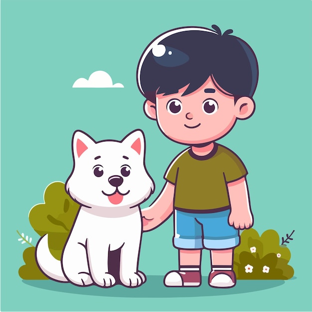 Vector vector de un niño y un perro con un estilo de diseño plano simple y minimalista