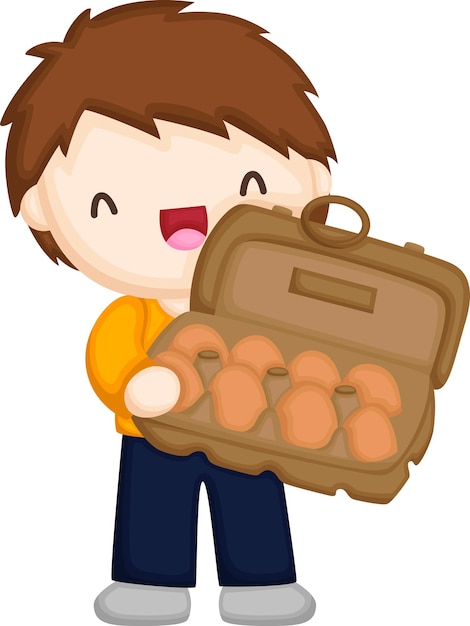 Un vector de un niño que lleva un cartón de huevos