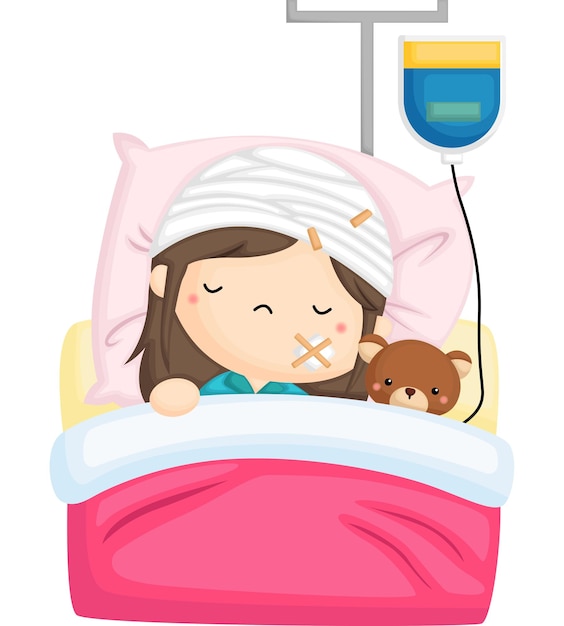 un vector de un niño en reposo en cama recibiendo una infusión