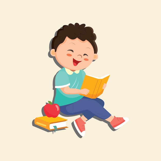 Vector vector un niño sentado en el suelo y leyendo un libro