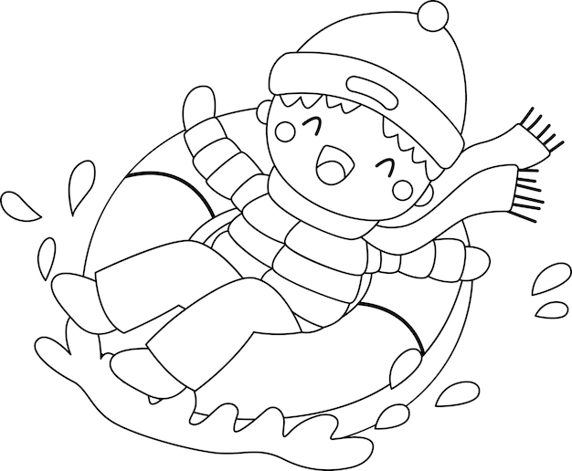 un vector de un niño en un trineo de nieve en color blanco y negro