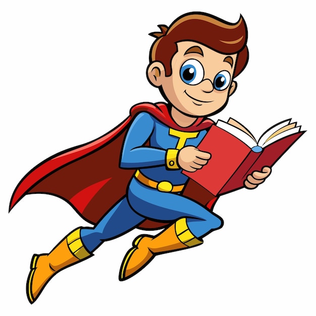 Vector, un niño vestido como un superhéroe leyendo un libro.