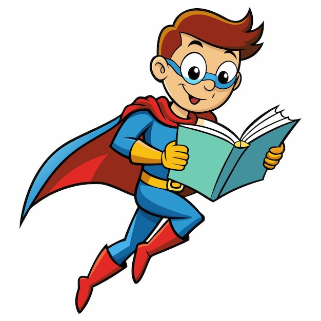 Vector, un niño vestido como un superhéroe leyendo un libro.