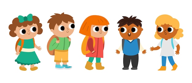Vector niños de escuela lindos con mochilas de regreso a la escuela ilustración de personajes niños y niñas de diferentes nacionalidades chateando niños divertidos con bolsas de escuela aislados en blanco