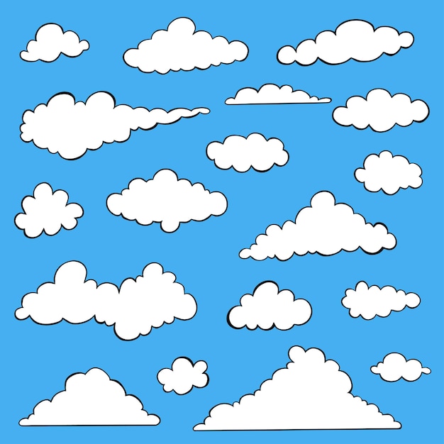 Vector de nube establecer nubes blancas de dibujos animados de forma diferente sobre fondo azul