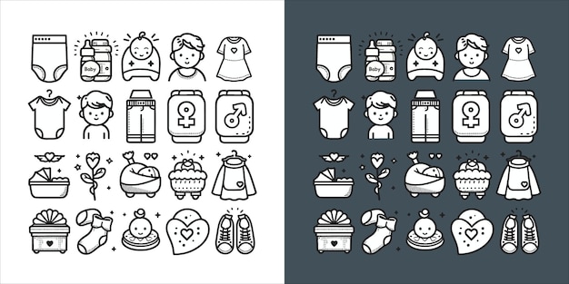 Vector nuevo baby born doodle line art ilustración un juego de iconos de bebés dibujados a mano