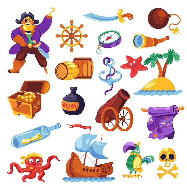 Vector de objetos de caza de piratas y tesoros marinos