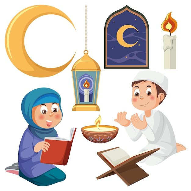 Vector de objetos y personajes de dibujos animados musulmanes