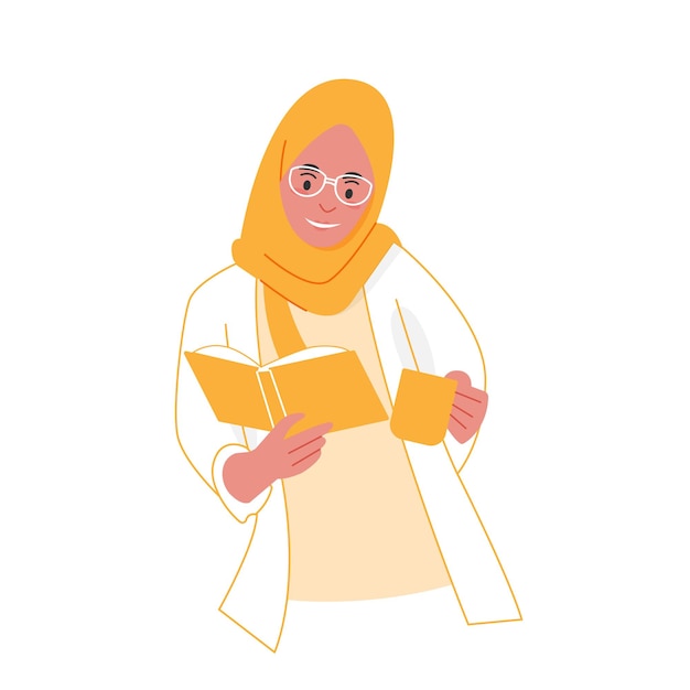 Vector of Muslim woman studying with read a book while drink coffee