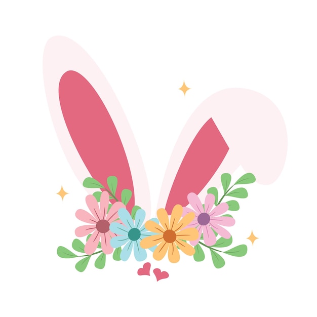 Un vector de orejas de conejo de Pascua con flores coloridas debajo de ellas