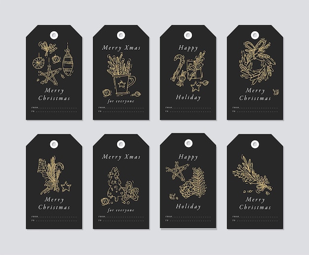 Vector de oro diseño lineal elementos de saludos de Navidad sobre fondo blanco. Etiquetas navideñas con tipografía e icono dorado.