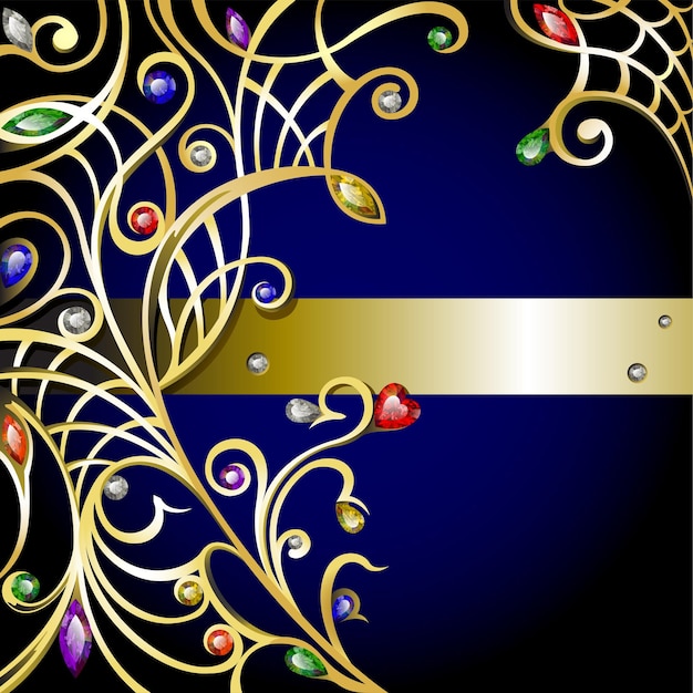 Vector vector de oro con fondo rizado con gemas y diamantes multicolores