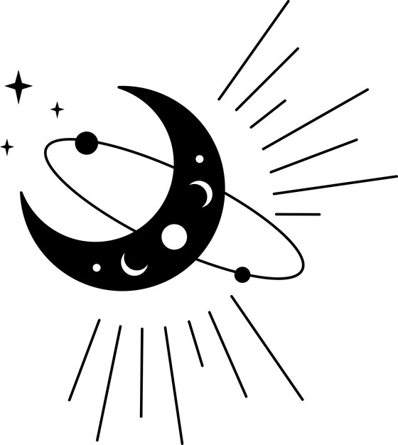 Vector de oro SVG Astrología Ilustración. Luna creciente con estrellas y rayos. Sublimación de Astronomía