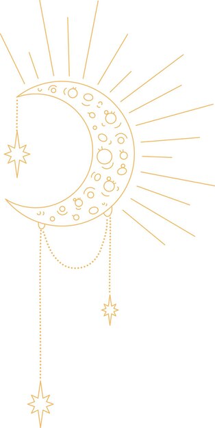 Vector de oro SVG Astrología Ilustración. Luna creciente con estrellas y rayos. Sublimación de Astronomía