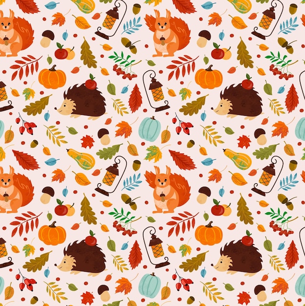 Vector otoño de patrones sin fisuras con lindos elementos florales de linterna de calabazas ardilla y erizo