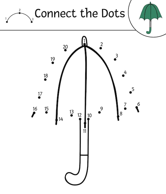 Vector otoño punto a punto y actividad de color con lindo paraguas. La temporada de otoño conecta el juego de puntos. Divertida página para colorear para niños con protector de lluvia.