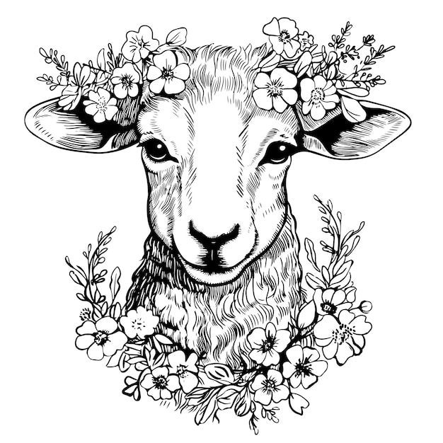 Vector ovejas con flores ilustración dibujada a mano de ovejas vestidas