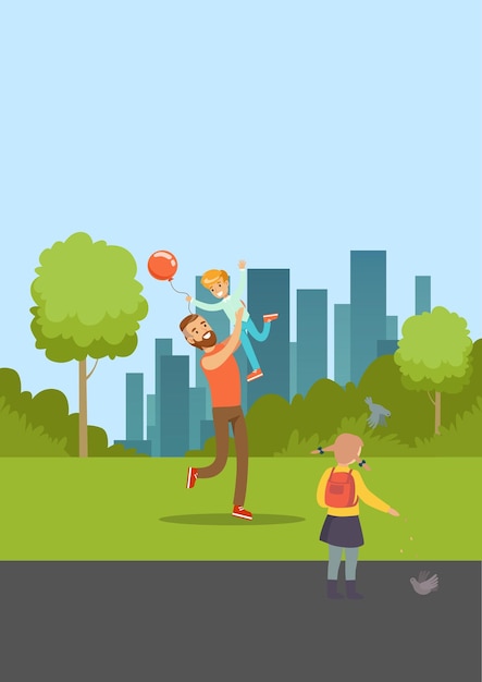 Vector de un padre jugando en el parque con su hijo mientras su hija esparce comida para pájaros