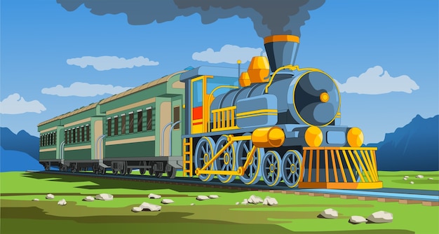 Vector vector página coloful con tren modelo 3d y paisaje brillante. ilustración de vector hermoso con viajes en tren. vector gráfico de tren retro vintage.