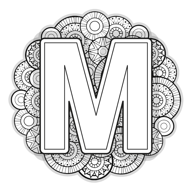 Vector página para colorear para adultos contorno en blanco y negro letra mayúscula m en inglés sobre un fondo de mandala