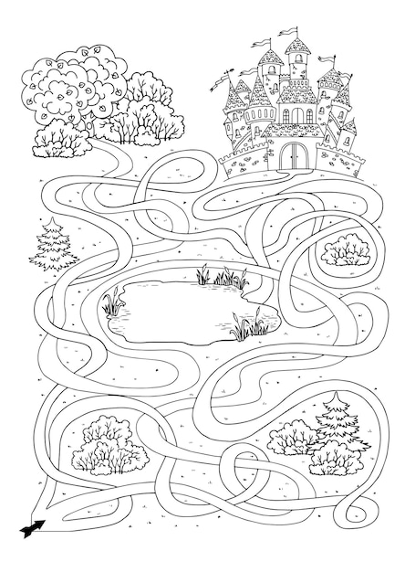Vector página de colorear libro juego de laberinto para niños encontrar el camino correcto al castillo