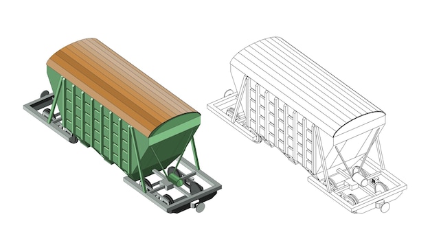 Vector, página, para colorear, con, modelo 3d, carbón, carga, ferrocarril, carruaje, isométrico, frente, view., vendimia, retro, tren, gráfico, vector. aislado. dibujo para colorear y tren colorido