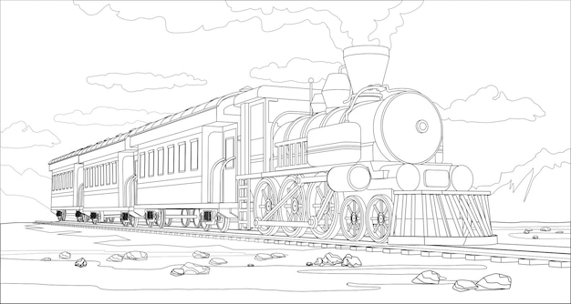 Vector página para colorear con tren modelo 3d y paisaje brillante. Ilustración de vector hermoso con viajes en tren. Vector gráfico de tren retro vintage.