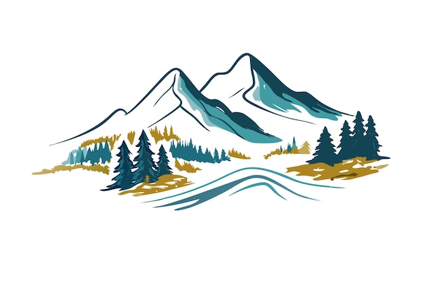 Vector de paisaje de acuarela de montaña sobre fondo blanco