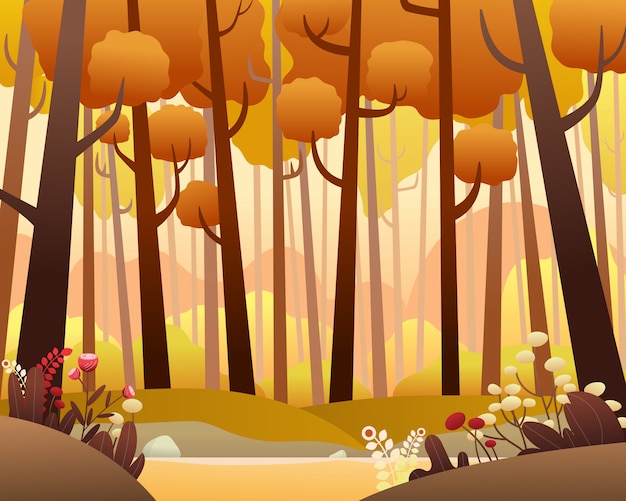 Vector vector paisaje con bosque de pinos en otoño.