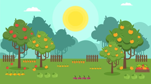 Vector paisaje campestre con árboles frutales. Huerto de manzanas.