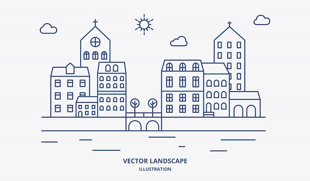 Vector paisaje con casas, edificio, árbol, cielo. Paisaje suburbano. Vector de diseño de línea plana.