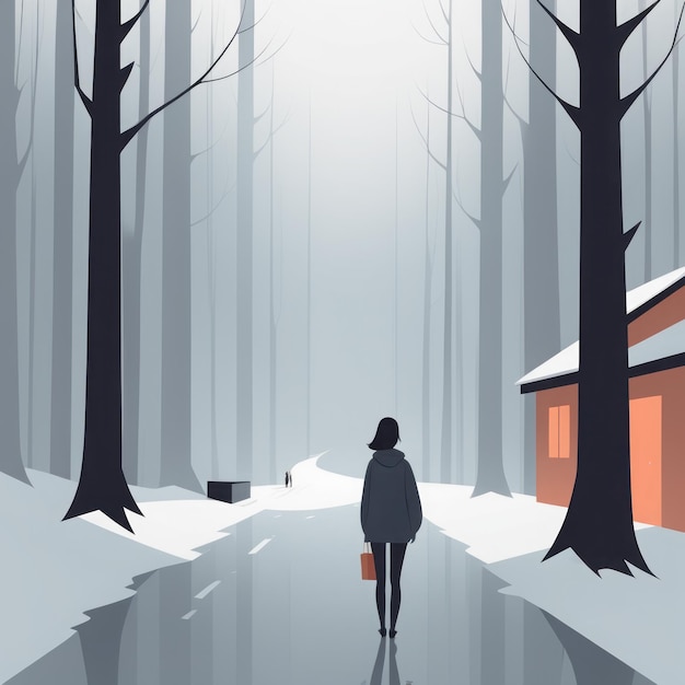 Vector vector paisaje de invierno con una casa de madera un hombre solitario en un bosque vector paisaje de inverno w