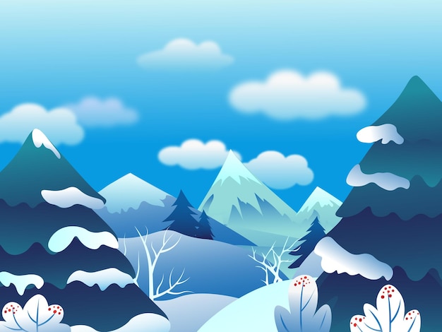 Vector paisaje de invierno con montañas y nubes