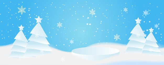 Vector paisaje de invierno de Navidad con árboles, casas, muñeco de nieve, estrellas, ciervos y nieve en estilo 3D. Fondo festivo en capas con podio 3D. Banner de venta de productos de exhibición de Navidad o año nuevo