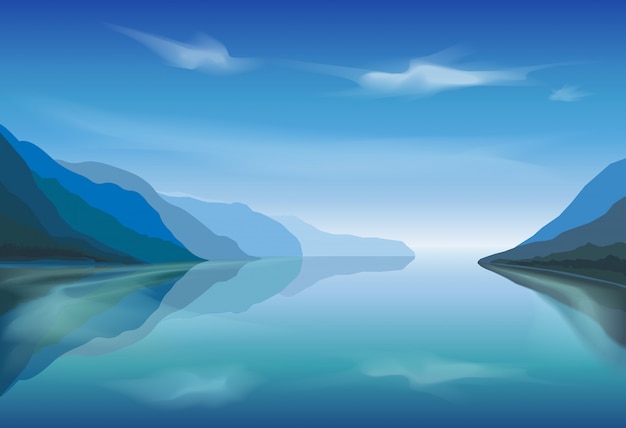 Vector paisaje de un lago de montaña en la mañana