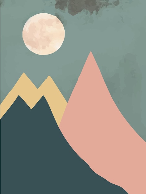 Vector de paisaje natural de montaña ilustración mínima con sol y picos