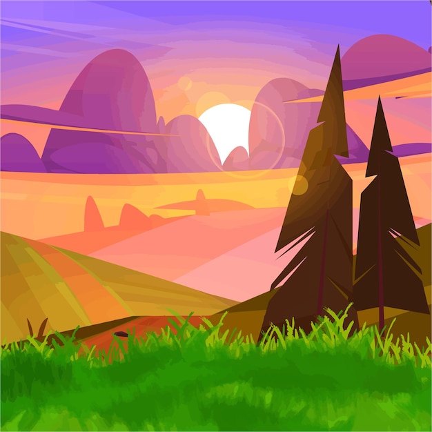 vector, paisaje natural, sol, cielo, hierba, y, árboles