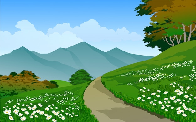 Vector paisaje de naturaleza con sendero y montaña