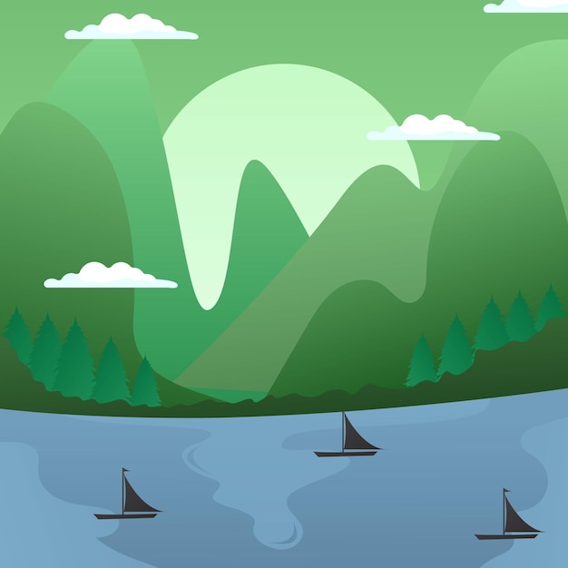 Vector de paisaje de paisaje de montaña y río