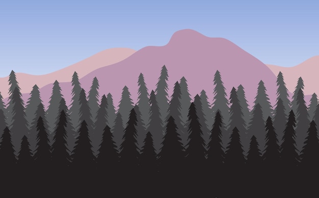 Vector paisaje plano con abetos y montañas.