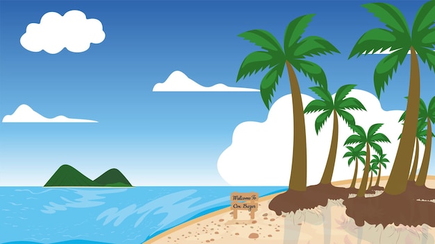 Vector vector paisaje de playa tropical con palmeras en la ilustración de dibujos animados de la orilla del mar