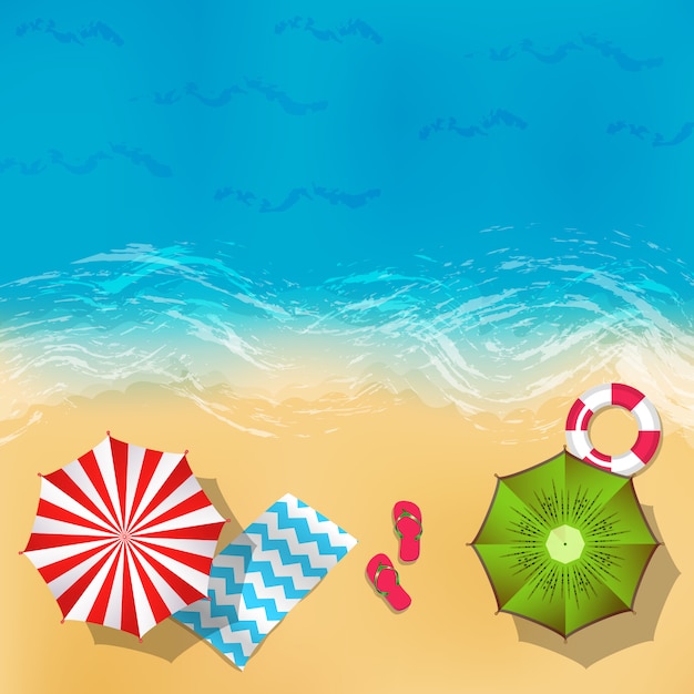 Vector paisaje de playa de verano con ilustración de fondo de arena, agua, sombrillas y mantas