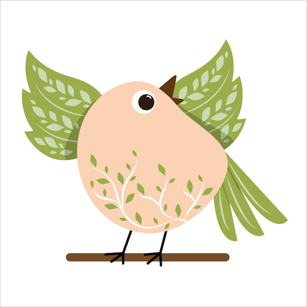 Vector pájaro se sienta en una ramita con alas extendidas, impresión de primavera con hojas verdes y ramitas