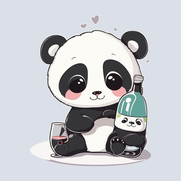 Vector vector panda adorable bebiendo vino con fondo blanco inmaculado estilo de dibujos animados