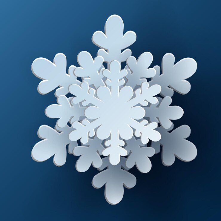 Vector vector papel de navidad blanco cortado copo de nieve 3d con sombra en fondo de color azul diseño de invierno