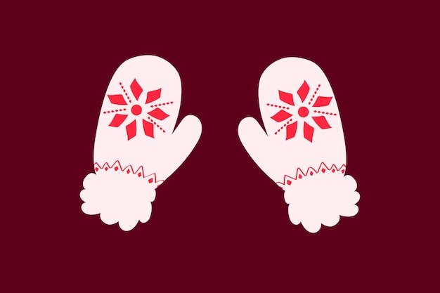Vector par de guantes de invierno de lana con guantes con patrones rojos para clima frío vector dibujado a mano