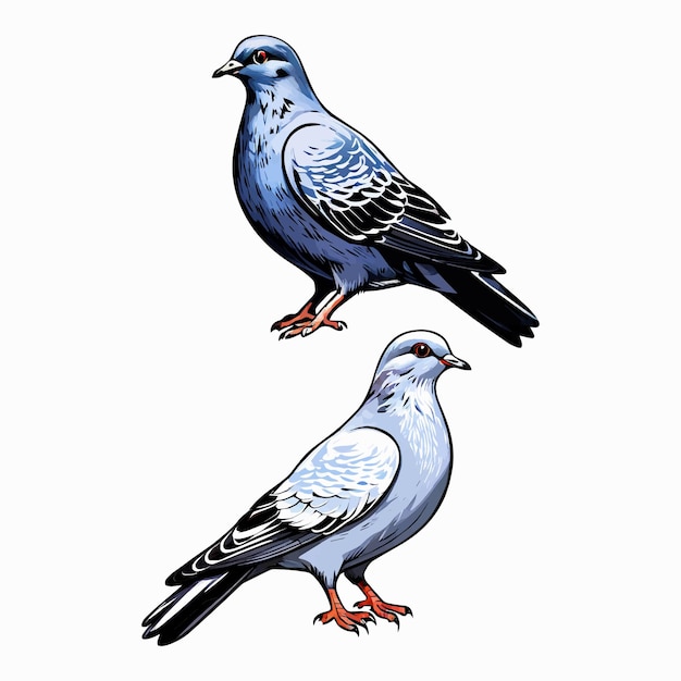 Vector vector de par de palomas negro y blanco con acentos azules claros y patas naranjas sobre un fondo blanco