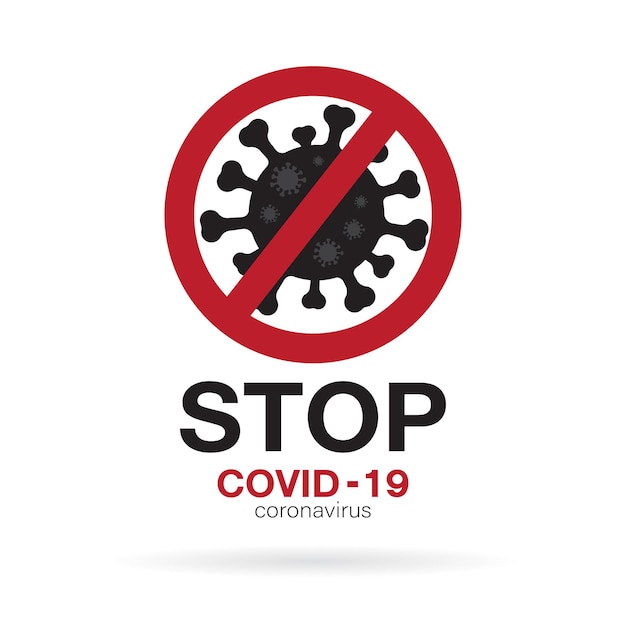 Vector de parada covid-19 signo y símbolo sobre fondo blanco. brote del nuevo coronavirus. covid-19 iconos o logotipos. ilustración vectorial en capas fácil de editar.