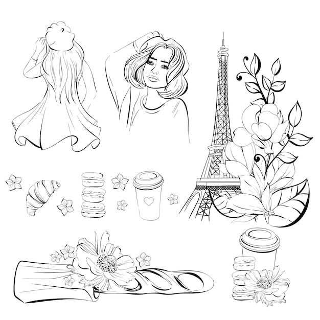 Vector París conjunto con viaje a Francia Torre Eiffel mujer parisina y taza de papel de café dulce